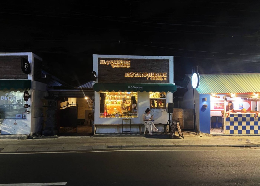 Night view from outside of Bloom After Dark bar in Sanur, Bali, Indonesia