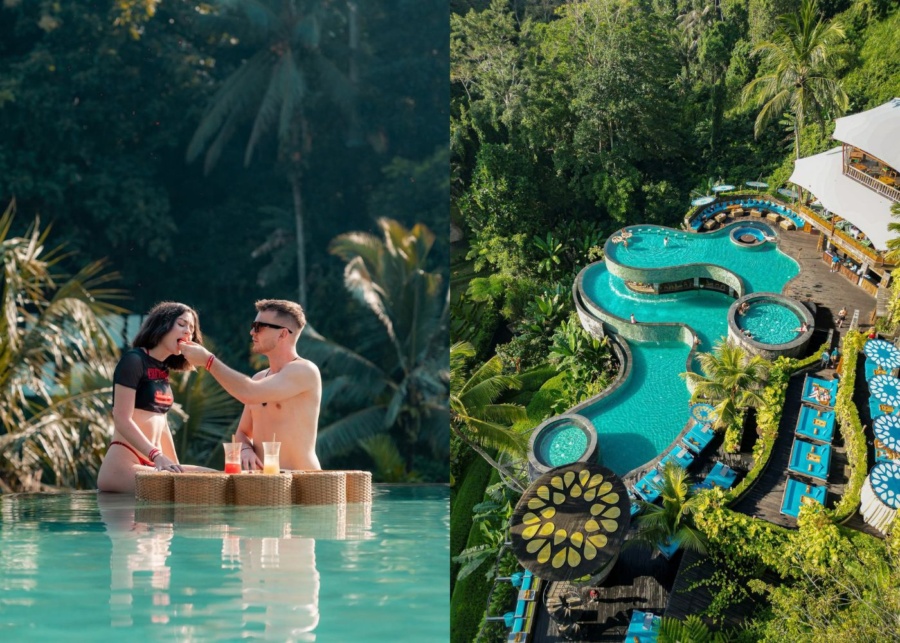 Couple eating poolside and the tiered pools at Cretya Day Club in Ubud, Bali, Indonesia