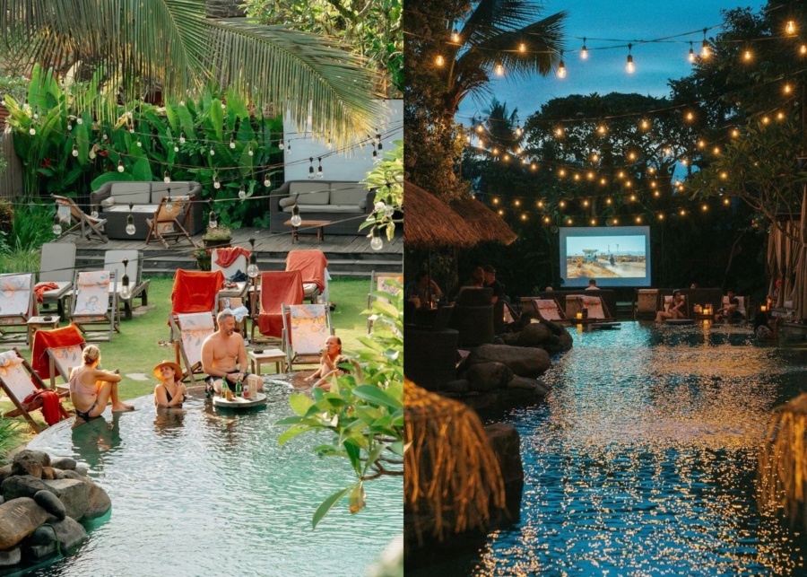 Day and night time views at Folk Pool club in Ubud, Bali, Indonesia