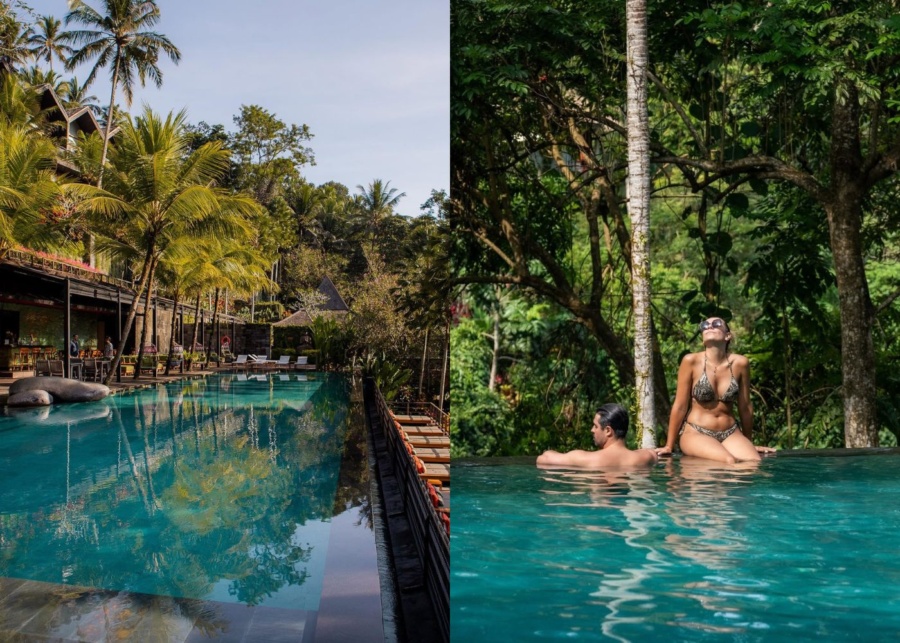 Infinity pool and poolside daybeds at Jungle Fish day club in Ubud, Bali, Indonesia