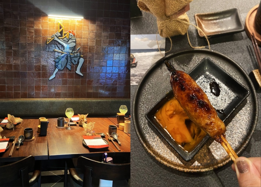 Indoor seating and tsukune yakitori skewer at Junsei - a new Japanese restaurant in Sanur, Bali, Indonesia