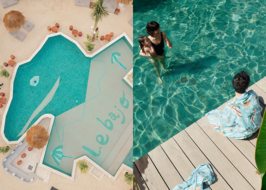 Komodo shaped swimming pool and families lounging at Le Bajo Bali - pool and day club in Pererenan, Canggu