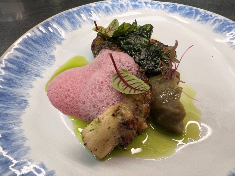 Char-grilled octopus with beetroot foam, eggplant puree, and crispy kale for Sunday brunch at Oliverra restaurant inside Umana Resort in Uluwatu, Bali