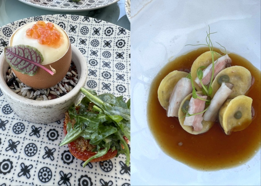 Cage-free egg custard and ravioli for Sunday brunch at Oliverra restaurant in Uluwatu Bali, inside Umana Resort