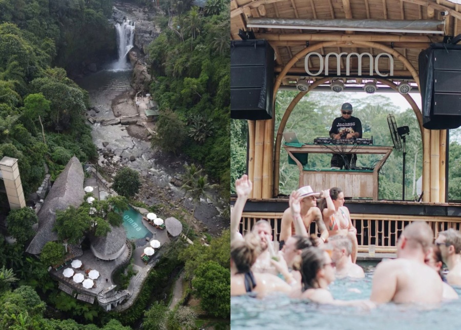 Aerial view and DJ performing live at Omma Day Club in Ubud, Bali, Indonesia - with Tegenungan waterfall view