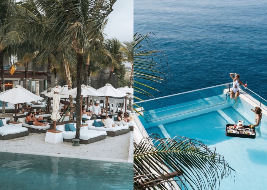 Daybeds and the sky pool at Oneeighty day club in Uluwatu, Bali, Indonesia