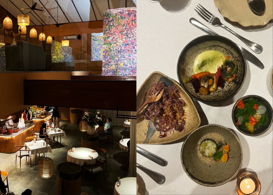 Dinner setting and shared Indonesian food at Syrco Base fine dining restaurant in ubud, bali