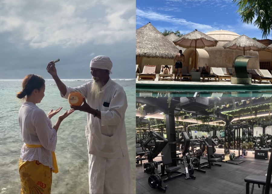 Traditional melukat water purification ceremony, canggu gym, spa, sauna and ice bath - for wellness in Bali Indonesia