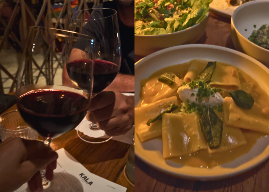 Red wine glasses clinking over dinner at KALA Uluwatu, alongside a creamy pasta dish topped with herbs at KALA Uluwatu's best mediterranean restaurant.