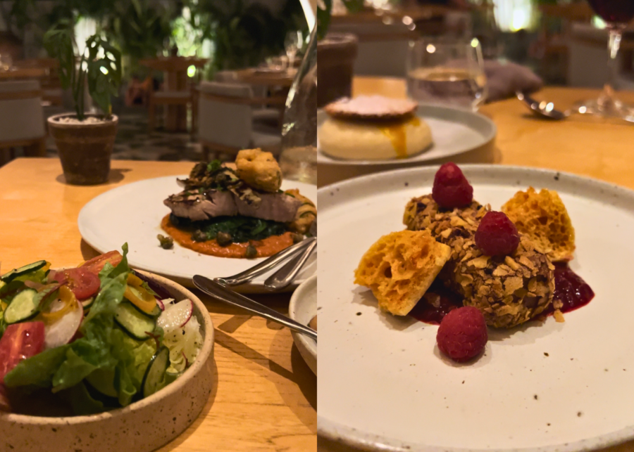 Wood-fired Mediterranean dishes at Luma Bali, featuring a plated meat main with greens and sauce, a fresh cucumber salad, and a chocolate dessert topped with raspberries and honeycomb in a warm, softly lit setting.