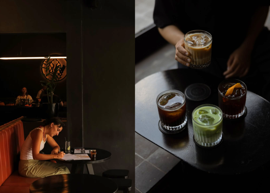 Drinks and a person working on a table at Blacklist Coffee Roasters specialty cafe in Canggu, Bali.