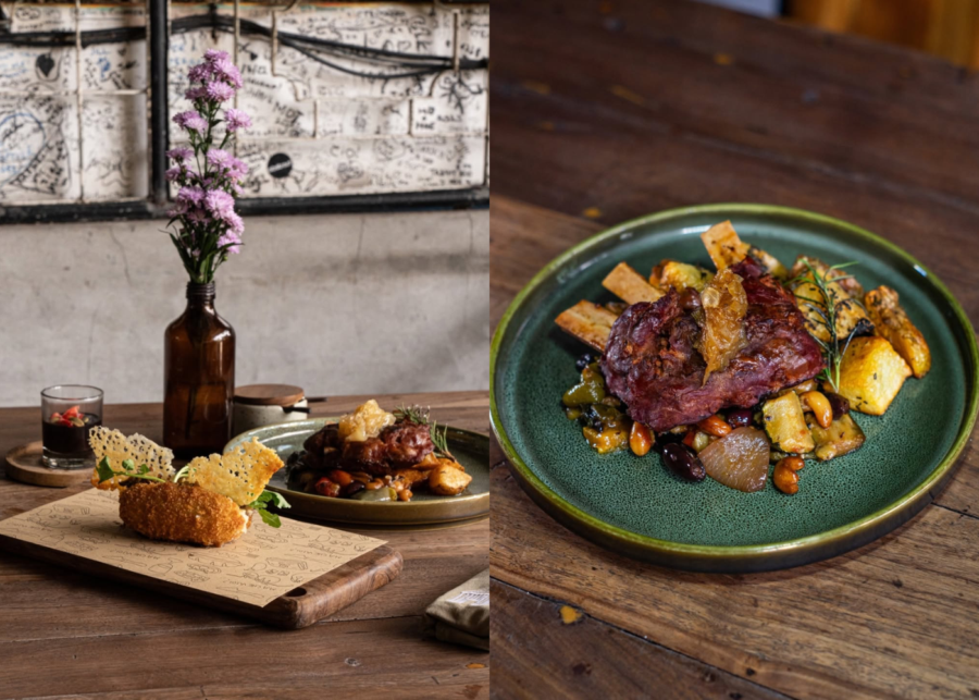 Two plates at La Baracca Uluwatu: a crumbed croquette with a parmesan crisp on a wooden board, and slow-cooked meat over roast potatoes, olives and nuts.