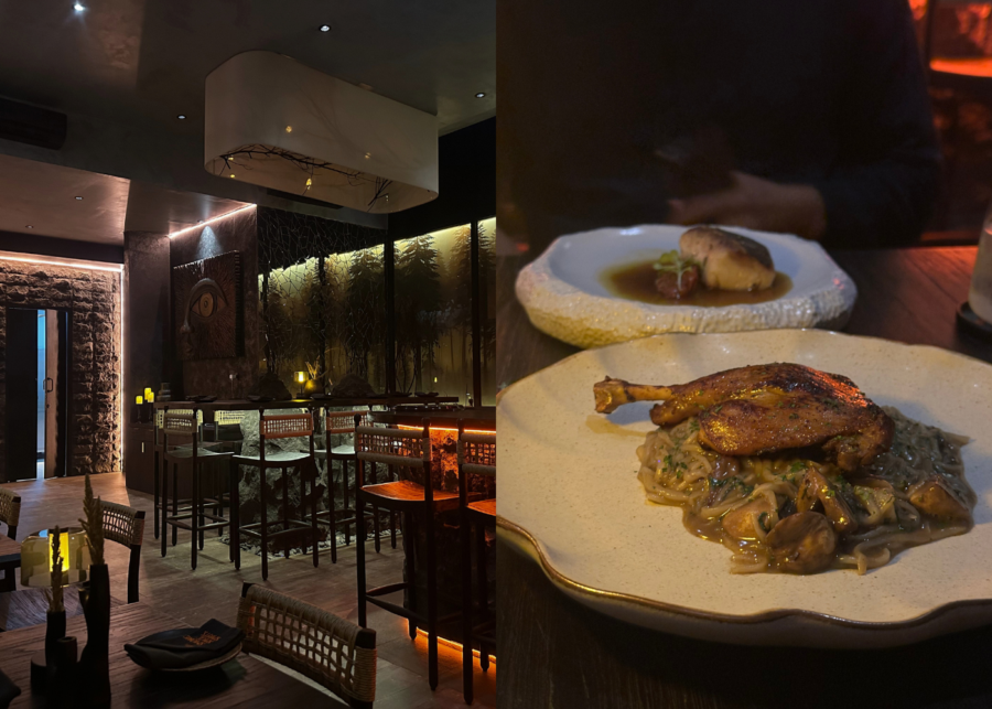 Oryn in Ubud, the dark stone dining room with its carved eye and backlit forest mural, and a plate of confit duck leg noodles with mushrooms.