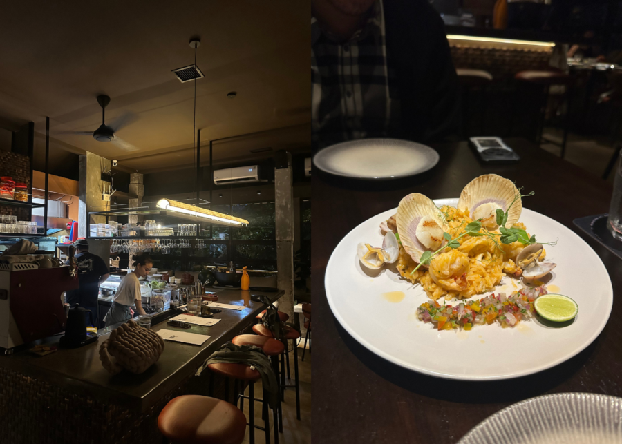 Pasar Restaurant and Bar in Sanur, the dim open-kitchen dining room, and a plate of arroz con mariscos with scallops, clams and lime.