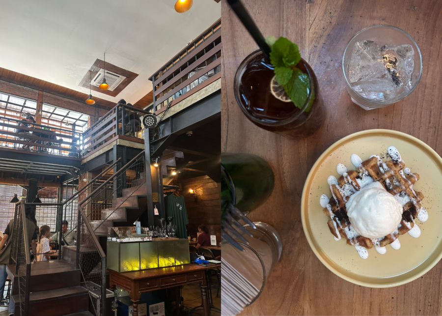 The two-storey red-brick interior of Pison Coffee specialty cafe in Seminyak, Bali.