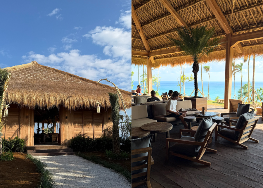 Saltwood in Bingin, a thatched-roof timber pavilion and an open-air cliffside lounge with daybeds and ocean views.