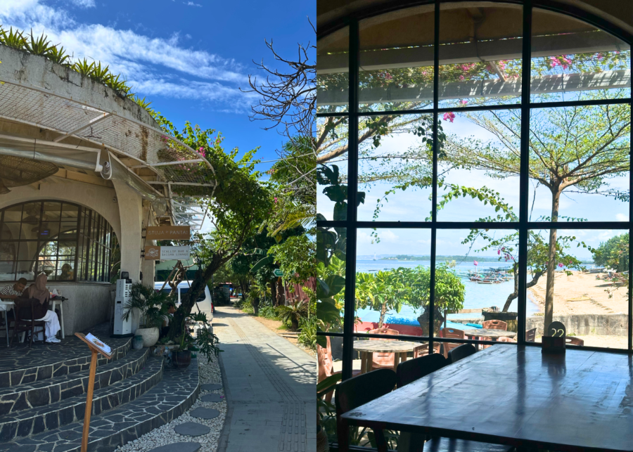 Beanbags on the sand and ocean views at Stuja di Pantai beachfront cafe in Sanur, Bali.