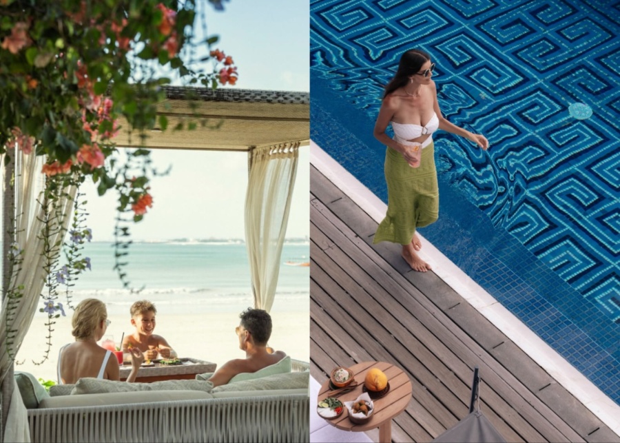 Family eating in a cabana and the infinity pool at Sundara Beach Club in Four Seasons Bali Resort at Jimbaran Bay, Indonesia