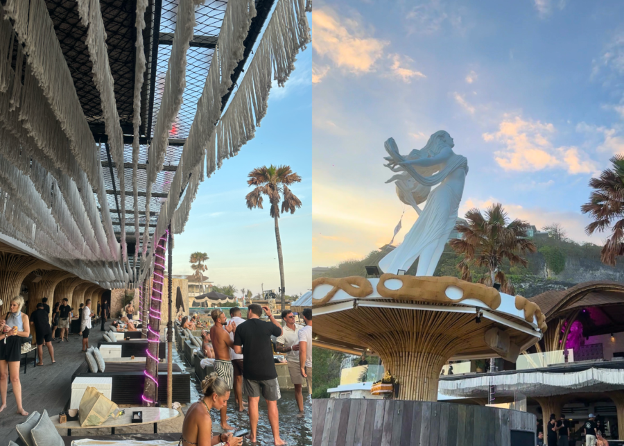 The seating area and the iconic statue at Tropical Temptation - One of the best new Beach clubs in Uluwatu Bali.