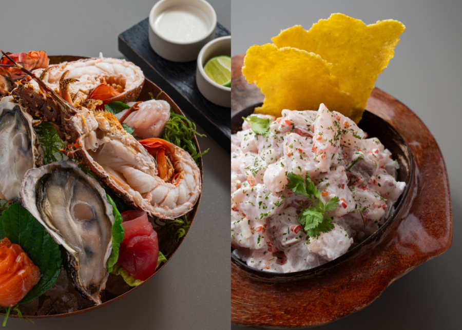 Seafood platter with oysters, lobster, sashimi and prawns beside a bowl of white fish ceviche topped with corn chips at Uma Beach House