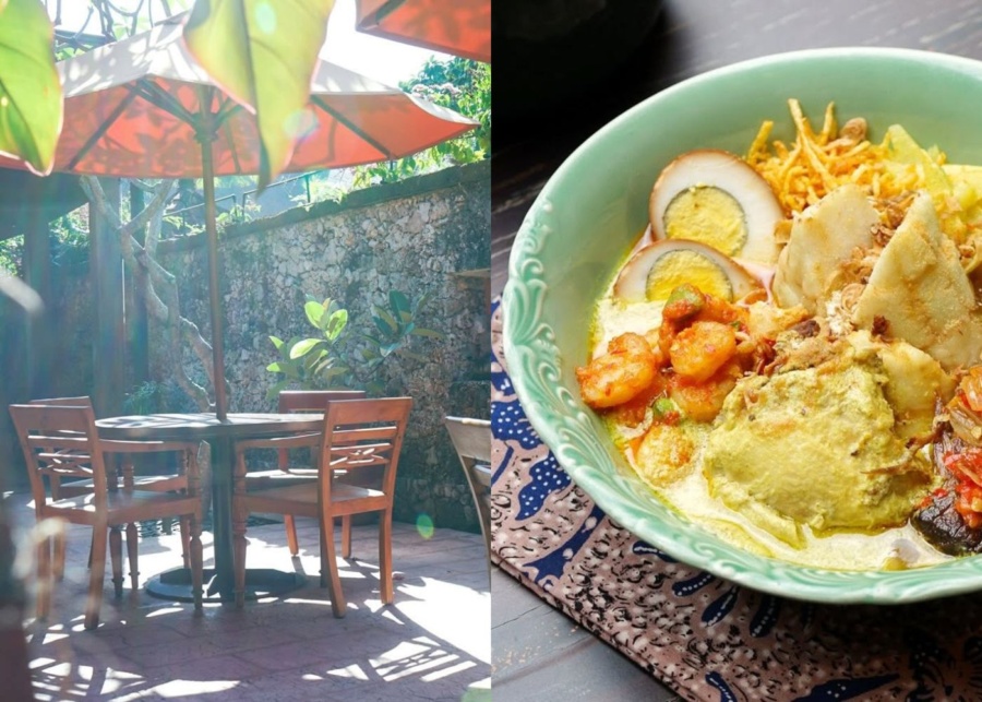 Outdoor patio tables and Bubur Ayam for breakfast at Cafe Batu Jimbar in Sanur, Bali
