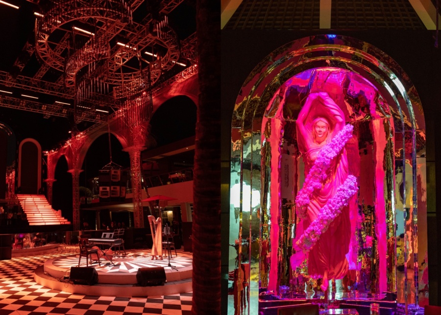 Stage and indoor decoration at Ku De Ta beach club for the White Party 2026 in Seminyak, Bali, Indonesia