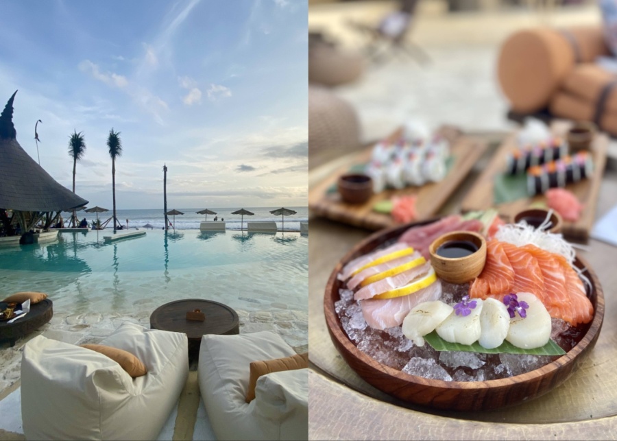 Infinity pool, bean bag chairs and seafood platter at Mari Beach Club in Seminyak, Bali, Indonesia