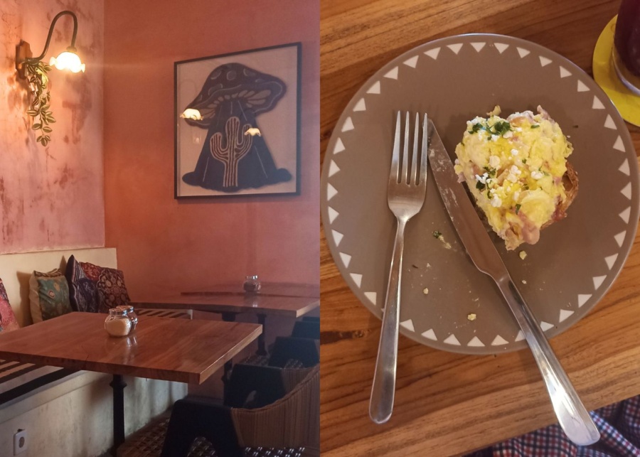 Bohemian interior and scrambled eggs on toast for breakfast at Mushroom Espresso cafe in Sanur, Bali, Indonesia
