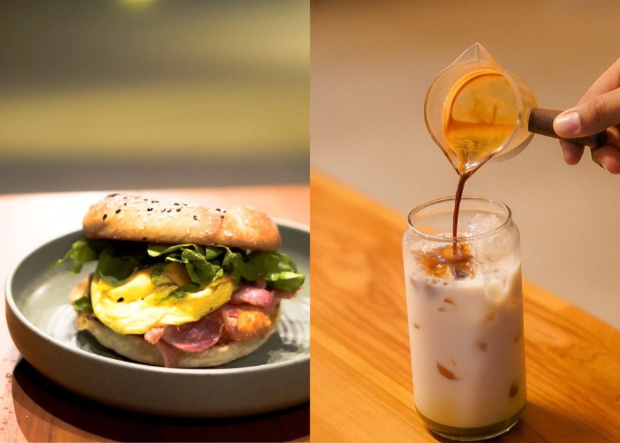 Bagel sandwich and latte at Na-Ta by Patio cafe in Sanur, Bali, best for breakfast, brunch and coffee
