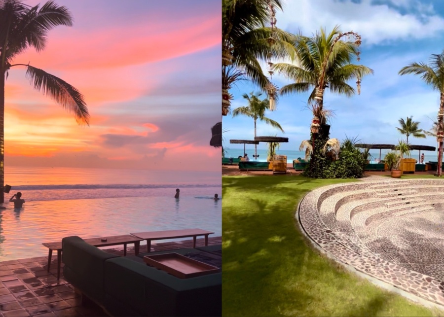 Sunset, swimming pool and daybeds at Potato Head Beach Club in Seminyak, Bali, Indonesia