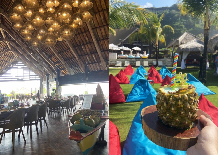 Wooden interiors, colourful bean bag chairs, tropical cocktail at Roosterfish Beach Club in Pandawa near Nusa Dua, Bali, Indonesia