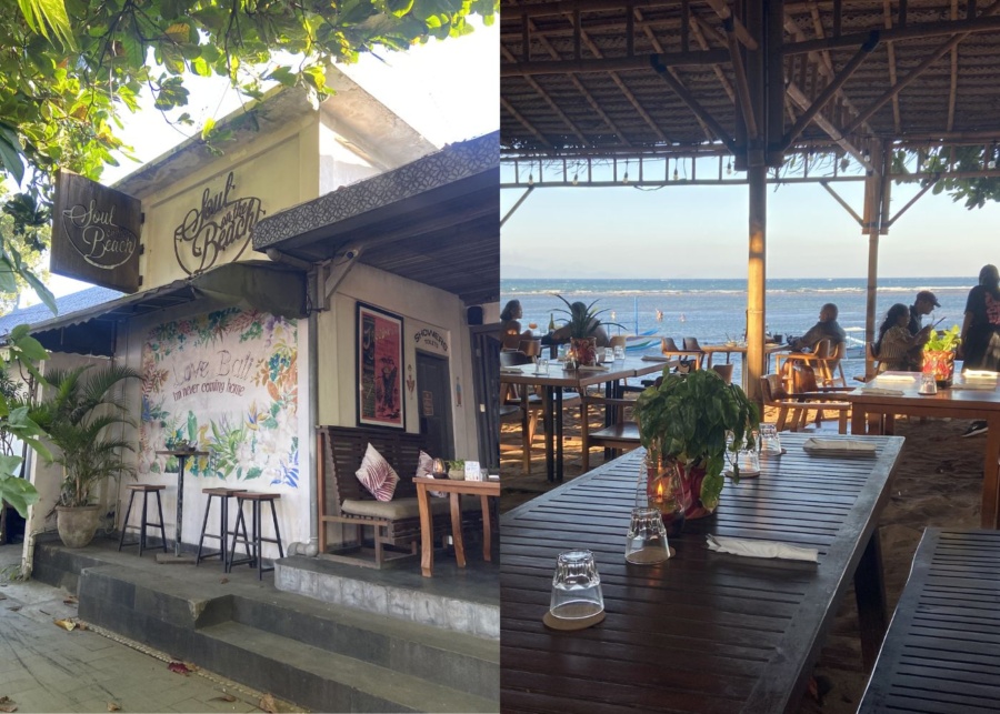 Exterior and beachfront dining deck at Soul On The Beach cafe in Sanur, Bali, Indonesia - best for breakfast, brunch and coffee