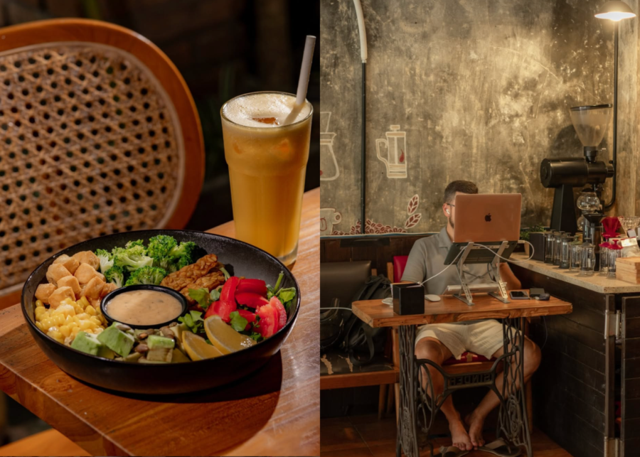 A colourful tempeh and vegetable bowl with a dressing pot and an iced juice at Anomali Coffee in Ubud.