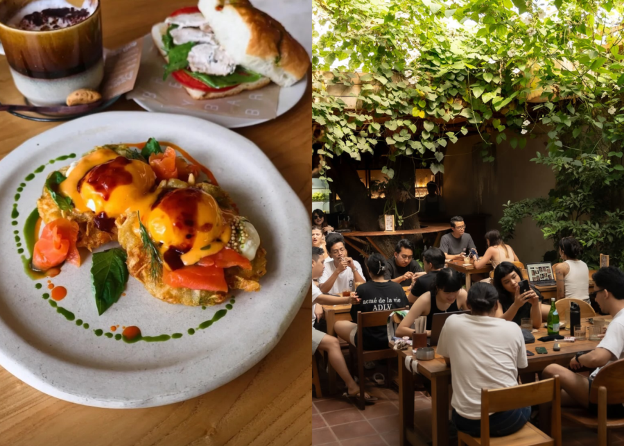 Eggs benedict on a speckled plate with a coffee and a chicken sandwich at Bread Yard in Seminyak, beside a shot of a busy leafy courtyard full of people working and chatting.