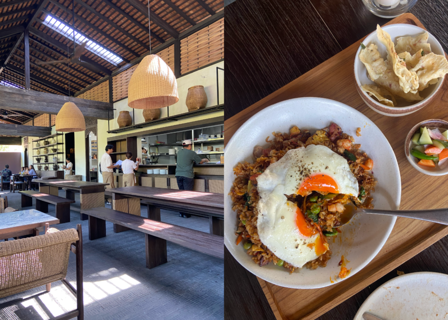 Cafe Daśa in Sanur, the open, airy dining room with rattan pendants and long timber tables, plus a prawn fried rice topped with a fried egg.