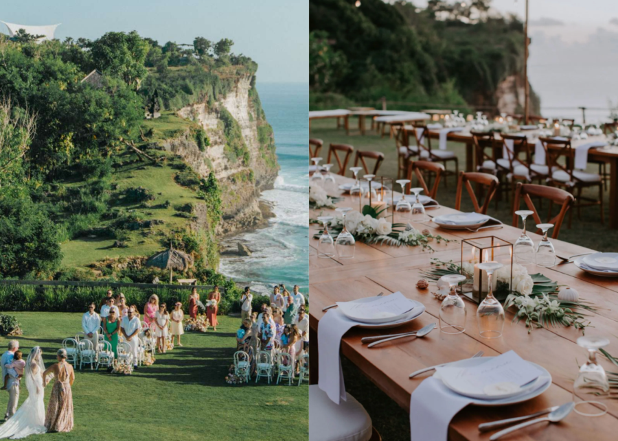 Aerial view of a cliff-top wedding ceremony overlooking the Indian Ocean, bride walking down a grass aisle with guests seated on the lawn, Uluwatu Surf Villas, Pecatu, Bali