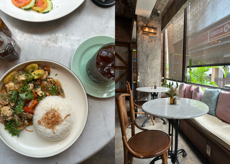 A chicken and vegetable stir-fry with rice and an iced coffee on a marble table at Crumb & Coaster in Kuta.