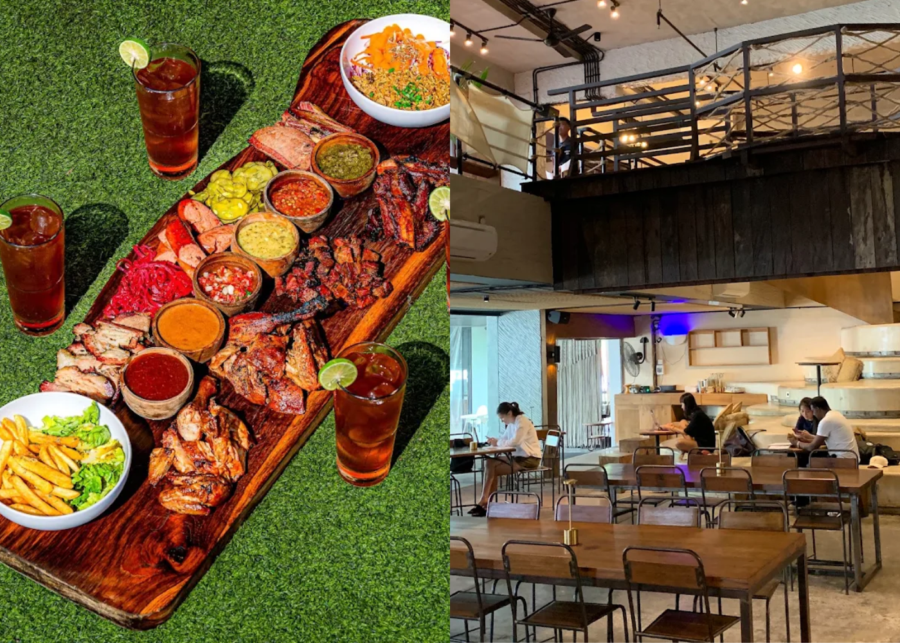 A long wooden sharing board of grilled brisket, ribs, sausage, chicken and steak with a row of sauces, fries and fried rice at FORK Bali.
