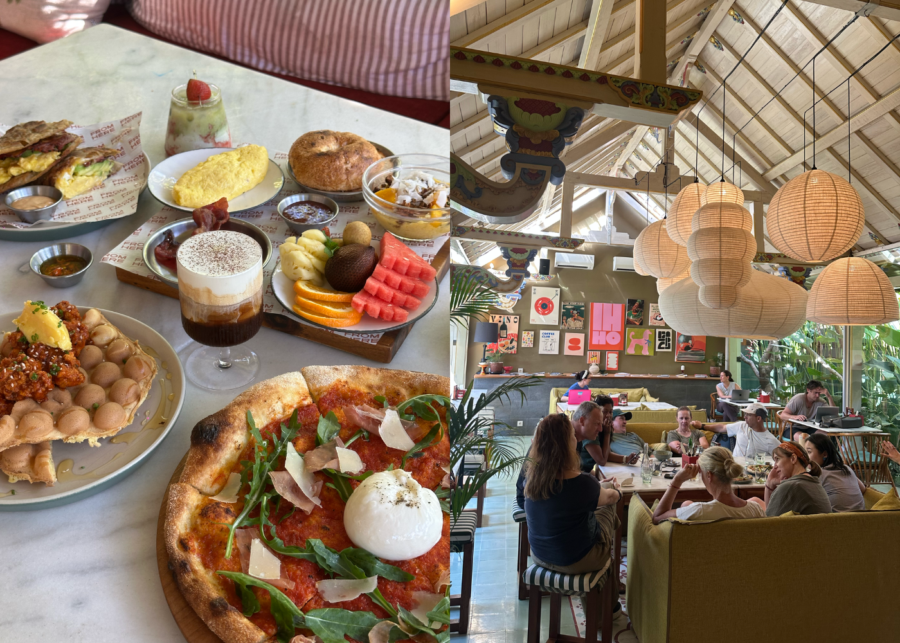 A generous spread at From Here in Sanur, with Korean fried chicken and waffles, a burrata pizza, an omelette and a fruit plate, beside a bright bandshell-roofed room full of people eating and working.