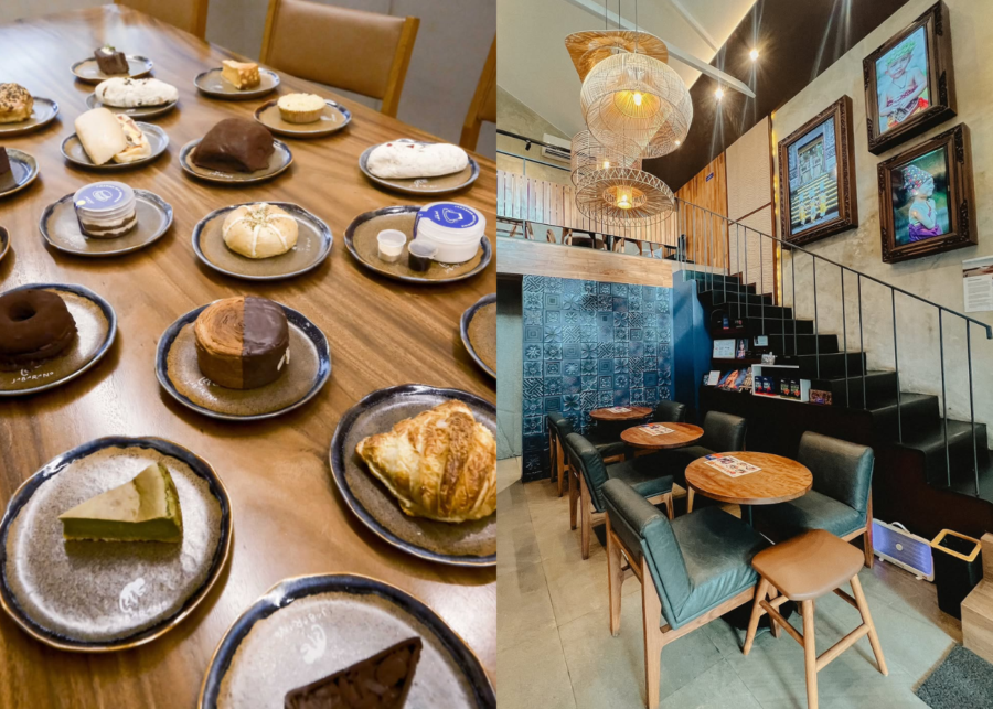 A long table lined with pastries, cakes and doughnuts on individual plates at Jabarano Coffee in Ubud, beside a warm two-storey interior with green leather chairs, batik-tiled walls and framed Balinese portraits.