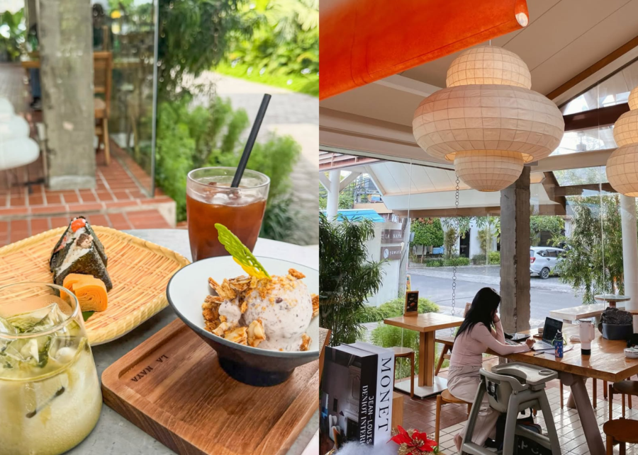 A woman working on a laptop by the glass wall at La Naya Bali in Seminyak, under paper lantern lights, with an onigiri, granola bowl and iced drinks on a table in the foreground.