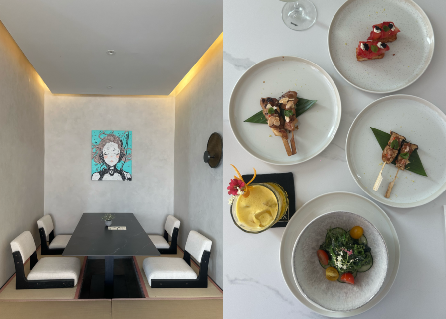 MYKAZA at The Arc House Canggu, a private horigotatsu dining nook with sunken seating and a portrait artwork, plus yakitori skewers, small plates and a turmeric cocktail.