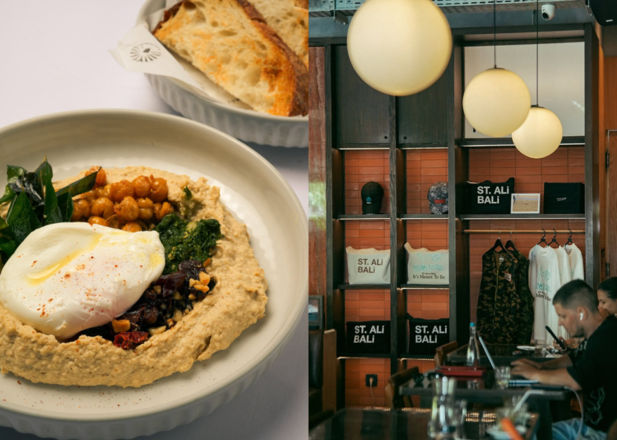 A poached egg on hummus with sourdough at St. Ali in Pererenan, beside the cafe's warm-lit interior with globe lights, branded merch shelves and people working on laptops.