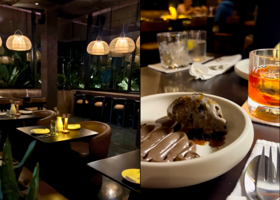 Sana in Bingin at the NUJU hotel, the low-lit dining room with rattan pendants and greenery, plus a chocolate ganache dessert and an old fashioned.