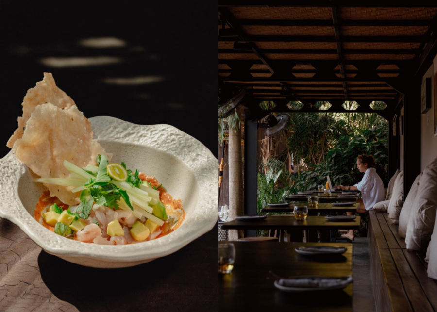 A vibrant Indonesian dish of prawns, avocado and herbs topped with a crisp cracker at Ulu Garden in Uluwatu.