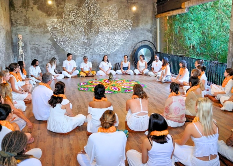 Closing ceremony at the end of teacher training at Bali Yoga School in Indonesia
