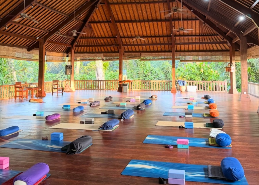 The open air yoga shala at East +West school in Ubud, Bali, Indonesia