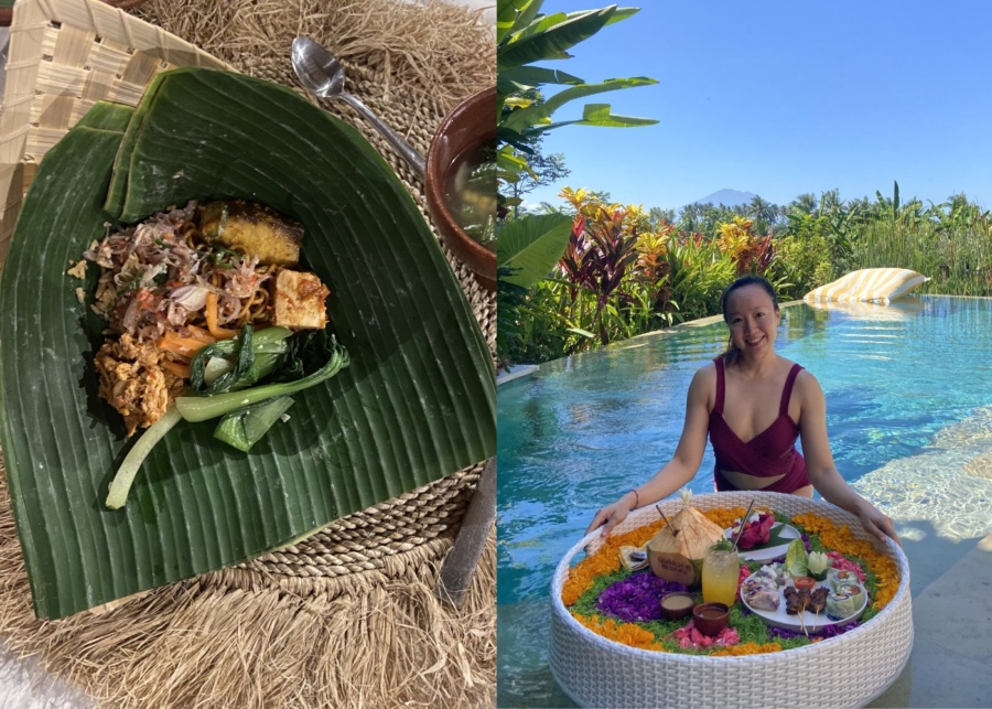 Indonesian nasi campur for dinner and floating lunch at the private pool at Goddess Retreats in Ubud, Bali, Indonesia