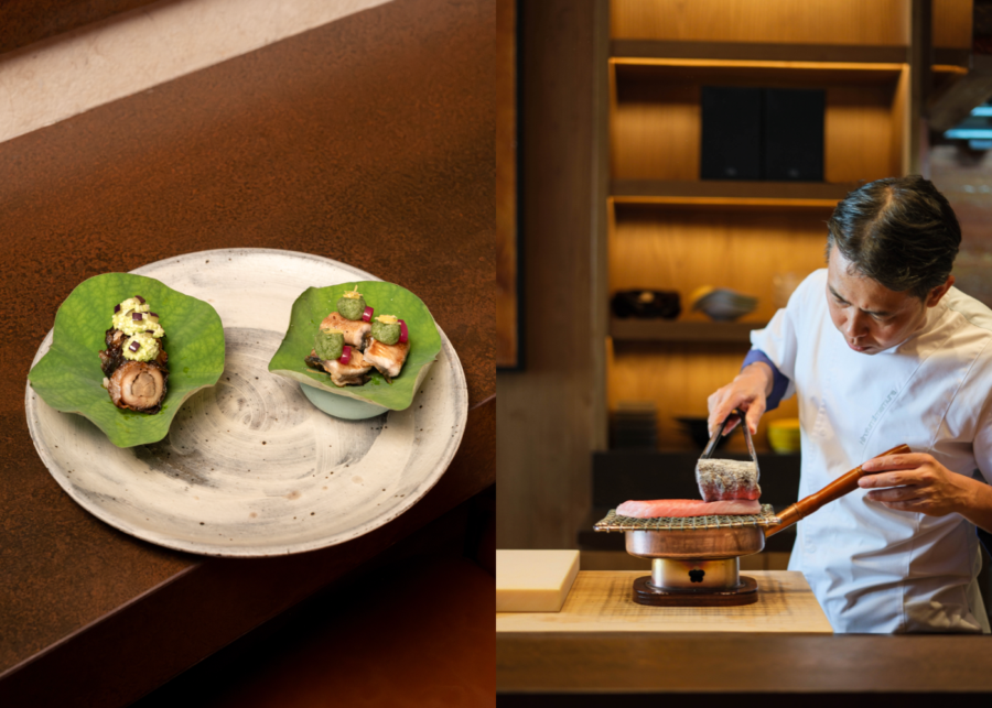 Chef at Imamura restaurant grilling wagyu over binchotan charcoal beside a plated dish of glazed eel and seared fish on lotus leaves.
