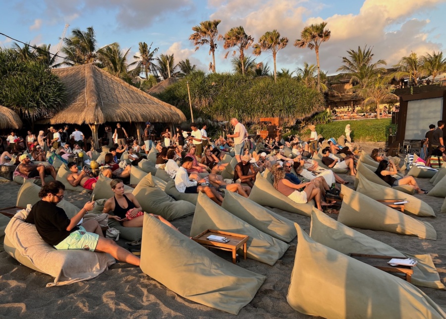 Beachfront sunset at Times Beach Warung in Canggu, Bali, Indonesia